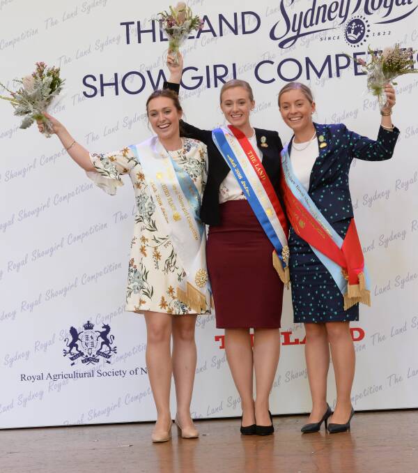 Third place Grace Allen, Forbes; 2018 The Land Sydney Royal Showgirl Nikki Gibbs, Wauchope, and second Pollyanna Easey, Quirindi.