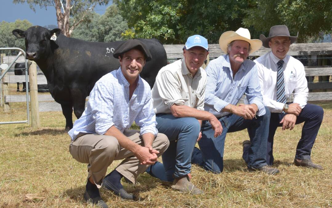 EQUAL TOP PRICE: Geronimo Peralta Martinez, Argentina, Alpine stud principal Jim Delany, Kent Connley, Benambra, and auctioneer Lincoln McKinley with Alpine Junior N021, who sold for $10,000.