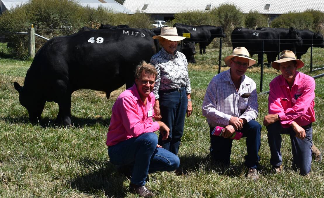 Top price bull and purchaser Betty Roche, "Arden", Adelong, NSW with Te Mania's Tom Gubbins; Gerard Ryan, Brian Unthank Rural, Albury; and Te Mania's Hamish McFarlane.