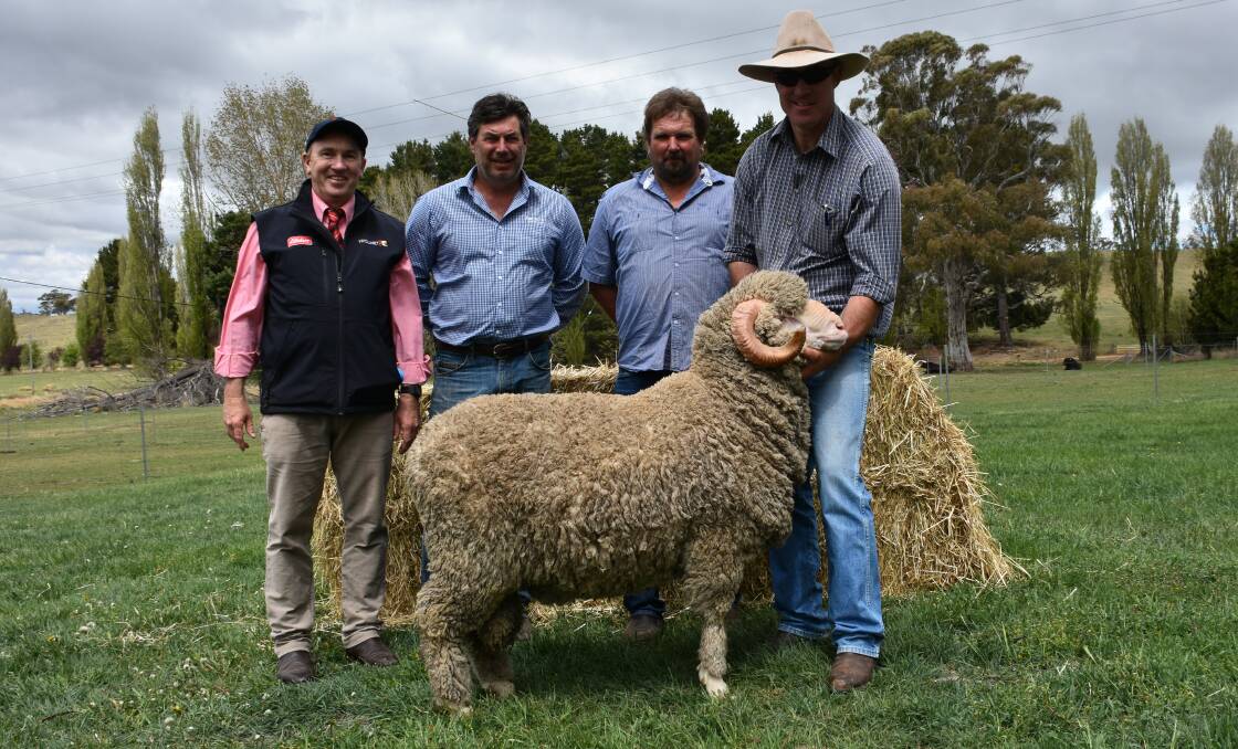 Elders Cooma agent, Tim Schofield, looks over the $3700 top price ram with Roberts agent, Damian Meaburn, and purchaser, Adrian Carpenter, "Connorville", Cressy, Tasmania, and Avonside's Simon King.