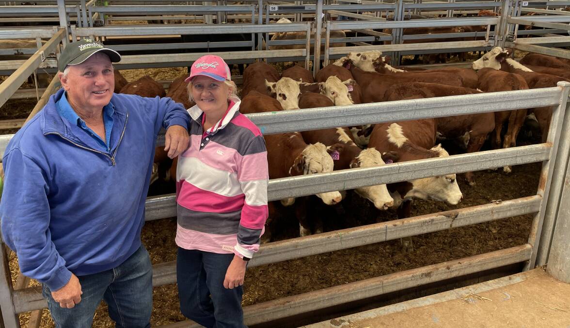 David and Vicki McCallum, Tooma, sold 20 Hereford steers, 11 months, 364kg, for $1810 a head. It's a great reward following last year's bushfires. 