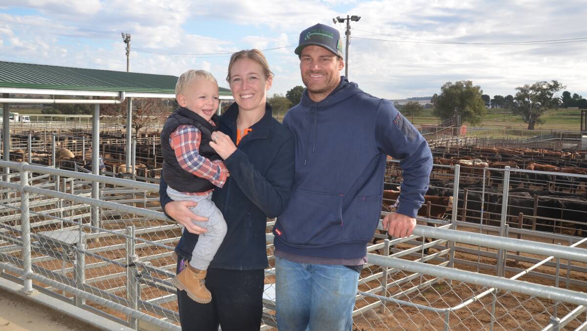 Bailey and Ben Lucas, Tarcutta with Fletcher, 2, at the Wagga Wagga sale where they sold Angus heifers, 442kg, for 454c/kg. Cows saw a price jump this week, up by 10c/kg.