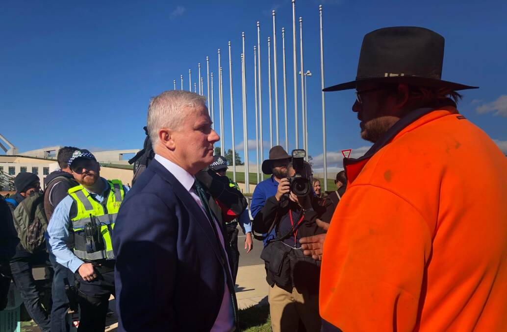 Deputy Prime Minister, Michael McCormack spoke to protesters outside Parliament House this morning but there was no sign of Minister for Water Resources, David Littleproud or Minister for the Environment, Sussan Ley. 