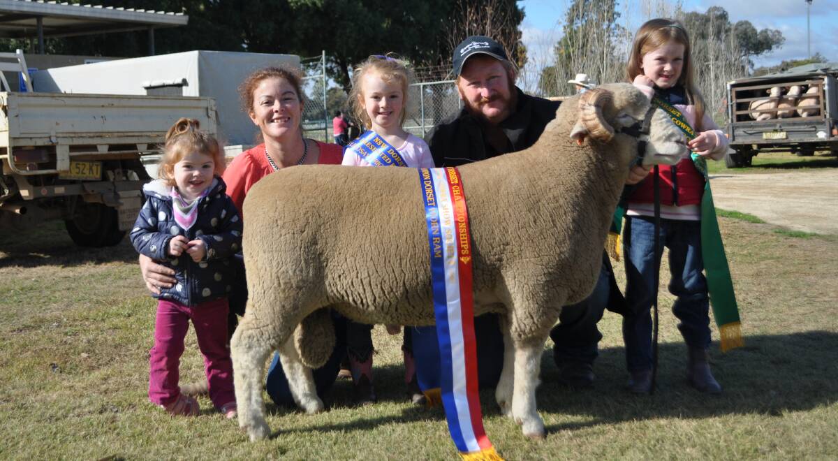 Trudy, Lisa, Abigail, Kyle and Elizabeth Sturgess with their Redline ram that was named grand champion at the NSW Dorset Championships in Cowra. 