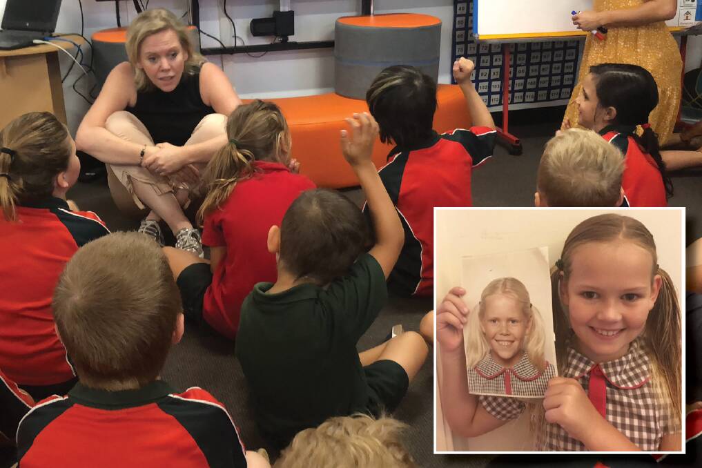 Littlescribe founder Jenny Atkinson speaks to children at Dubbo West Primary School. Also pictured, a photo of Jenny Atkinson as a student at Cumnock Public, held by her daughter Caitlin. Photos: Supplied 