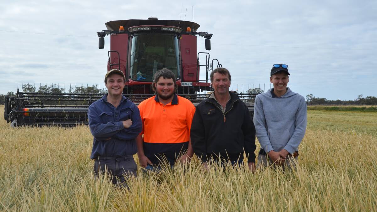 Nathan, Daniel and Daryl Hall and Josh Brasser, Moola Pastoral, Cunninyeuk, via Moulamein, have started harvesting their 640 hectares of rice. Their Reiziq is yielding up to 12.5t/ha. 