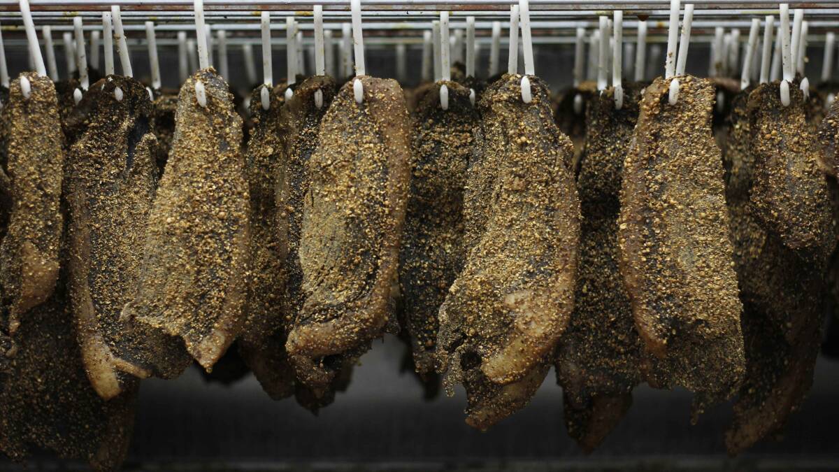 Biltong is air dried steak. Barbell Foods marinade the steak in vinegar, add spices and hang them to dry in temperature controlled rooms. Photo: Barbell Foods