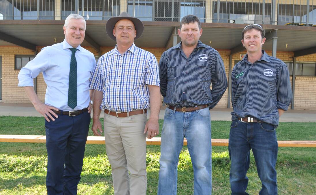 Deputy Prime Minister, Michael McCormack with Weddin Shire Council Mayor, Mark Liebich and Panthers Rugby Club president Mark Hughes and secretary, Joshua Taylor. The Panthers Rugby Club was able to improve its oval with funds from the Drought Communities Program. 