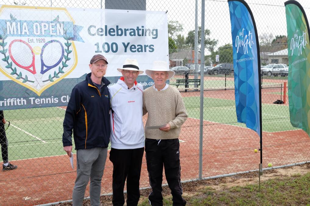 Nine-time MIA Open champion Danny Dosseter with Andrew Condon and Matthew Condon who won the doubles centenary event. Photo: Bernard Gray