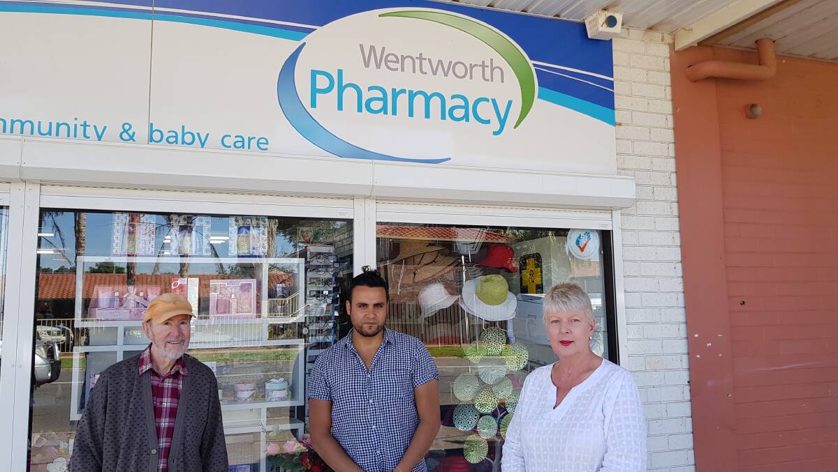 Wentworth District Community Medical Centre Inc president Glenis Beaumont with pharmacist Alex Elfeki and Wentworth local Ian Atkinson (left).