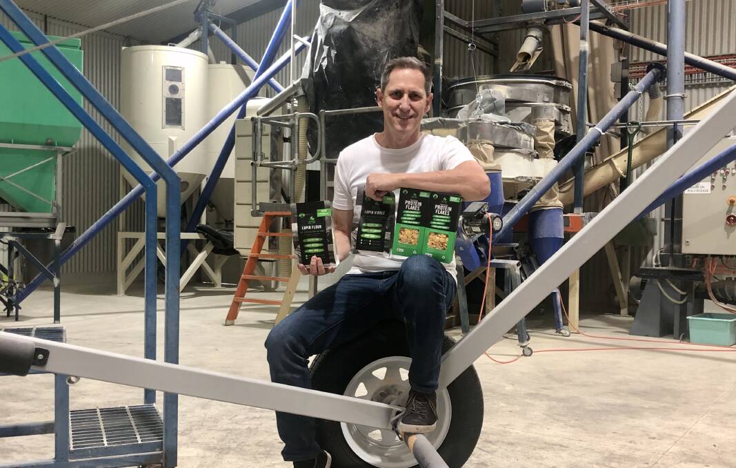 Roger Drew from Lupins for Life with their lupin products at the Jindera processing facility. Mr Drew said it has been difficult for lupins to enter the food manufacturing industry since their listing on the Food Standards allergen list. 