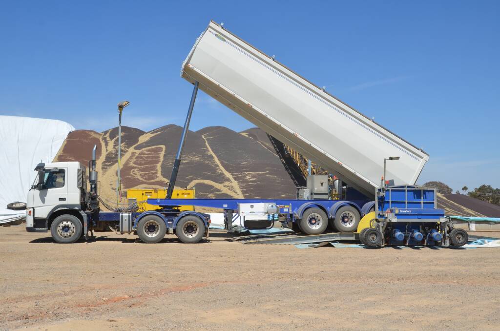 A truck unloads canola at the Junee GrainCorp receival site. 