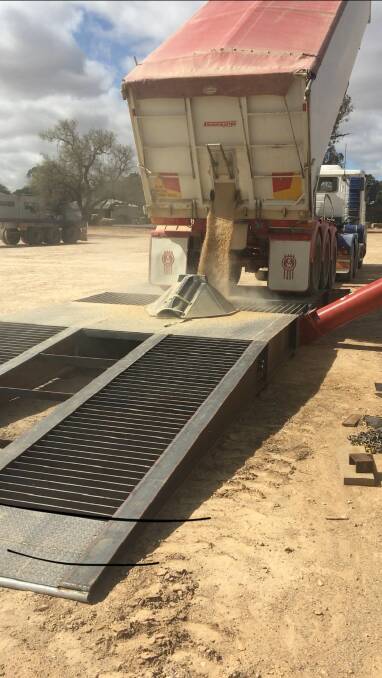 Corowa grower, Beau Longmire's recently fabricated drive-over hopper. The equipment enables them to use B-Doubles when depositing grain to on-farm silos. Photo supplied. 