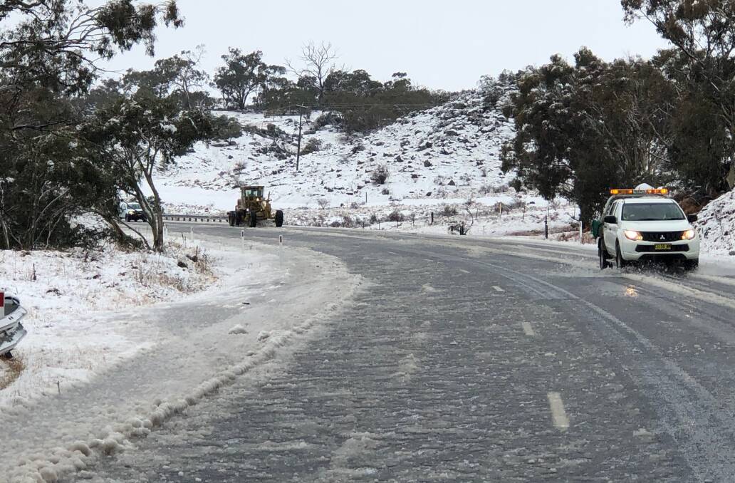 At least 35mm of snow has fallen in the Snowy Mountains and there are reports of snow falling at down to 800 metres above sea level. Photo: Live Traffic NSW.