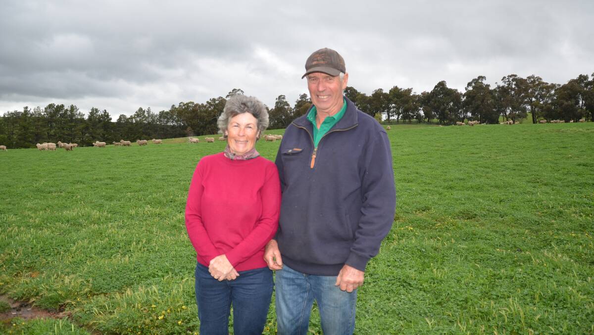 Noelee and Brian Taylor, Crookwell with a flock of lambing ewes. The Taylors have not had to drench for 18 months. 