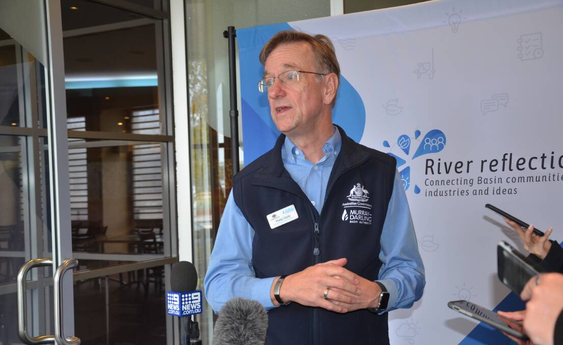 Murray Darling Basin Authority CEO Phillip Glyde fielding media questions at the MDBA's inaugural River Reflections conference, held in Griffith, on Wednesday. 