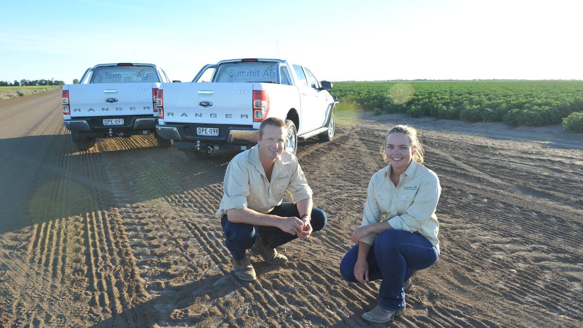 Griffith-based agronomists Heath McWhirter and Emma Ayliffe, Summit Ag have developed social networking app Yacker for the agriculture industry. Photo: Summit Ag