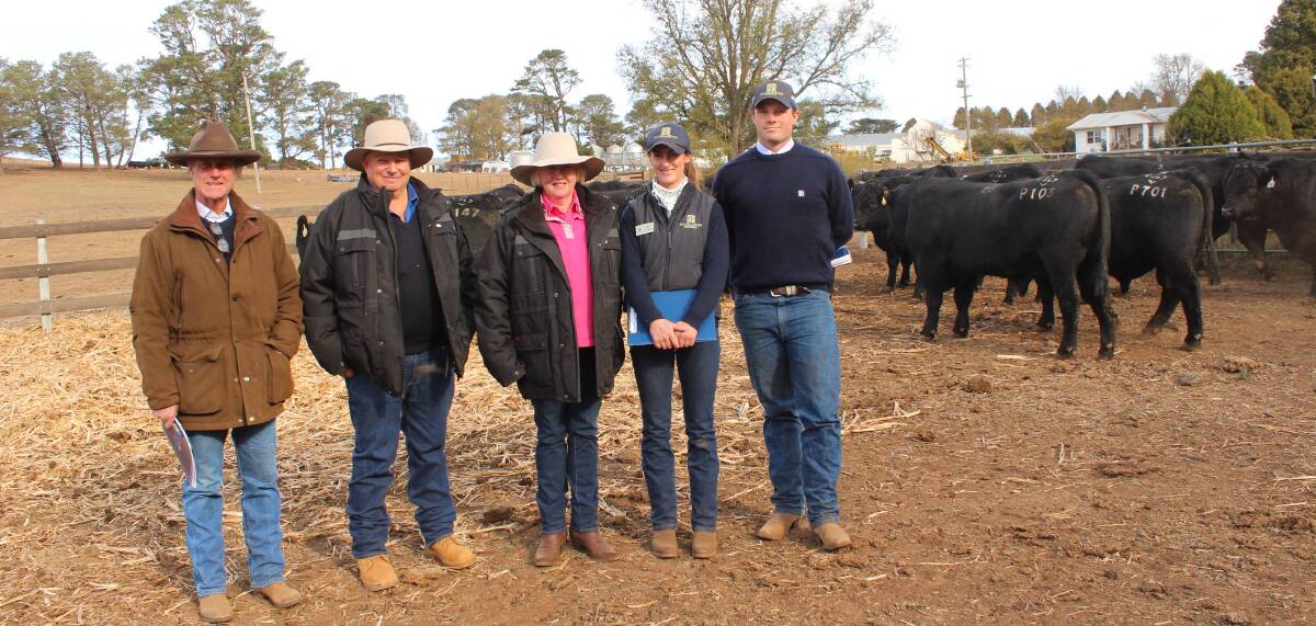 Jim Litchfield, Bea Bradley-Litchfield and Ed Bradley of Hazeldean with James and Mandy O'Brien (second and third from left), the purchasers of equal top-priced bull Hazeldean P16. Photo supplied. 