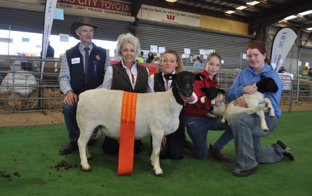 The grand champion ewe from Nomuula with judge, Graeme Budd, Old Munbilla, Coutts Crossing, Cherilyn Lowe and Joanna Dixon, Nomuula, Moonbi and Jessica Huckel and Tamsyn Henry, Dubbo College Delroy. 