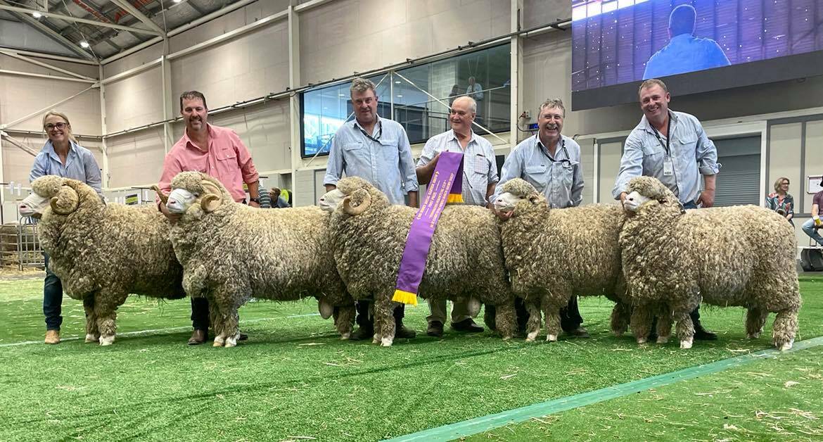 The Stonehaven Cup winning team from Thalabah, Laggan with Kristen Frost, Nathan King, Shannon Arnall, Kim Henderson, Grogansworth Merinos, Brad Cartwright and Anthony Frost. 