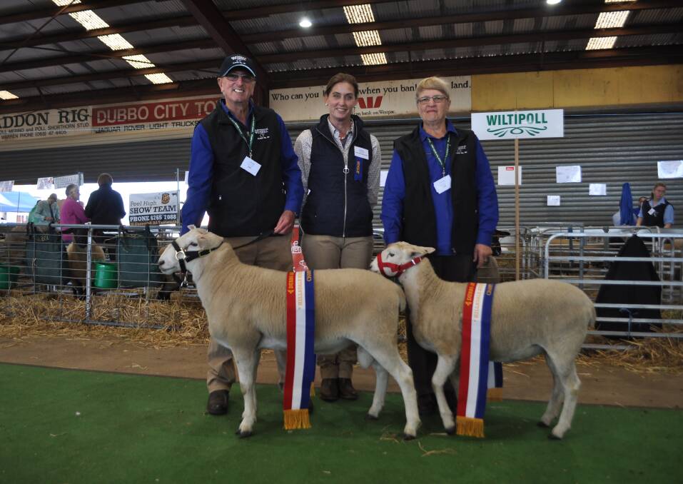 The champion Wiltipoll ram and ewe were from Reavesdale, Murringo. Pictured Ian Hopwood and Loris Denyer of Reavesdale with judge, Deva Weitman, Blue Rock stud, Romsey, Victoria.