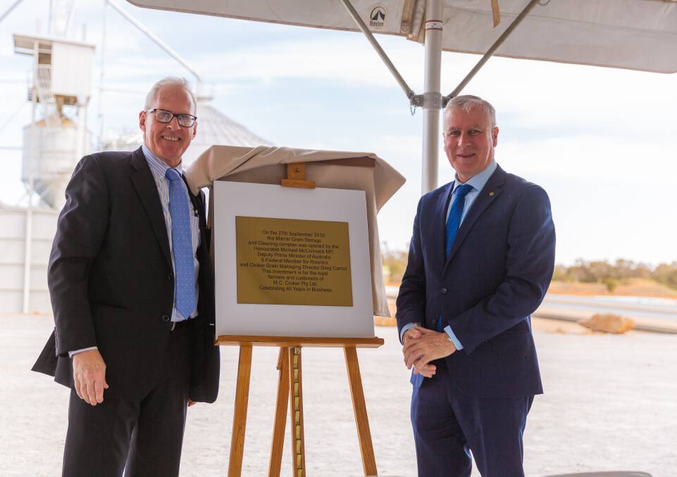 Greg Carroll and Acting Prime Minister, Michael McCormack open the new site which will increase capacity to 70,000 tonnes. Photo supplied. 