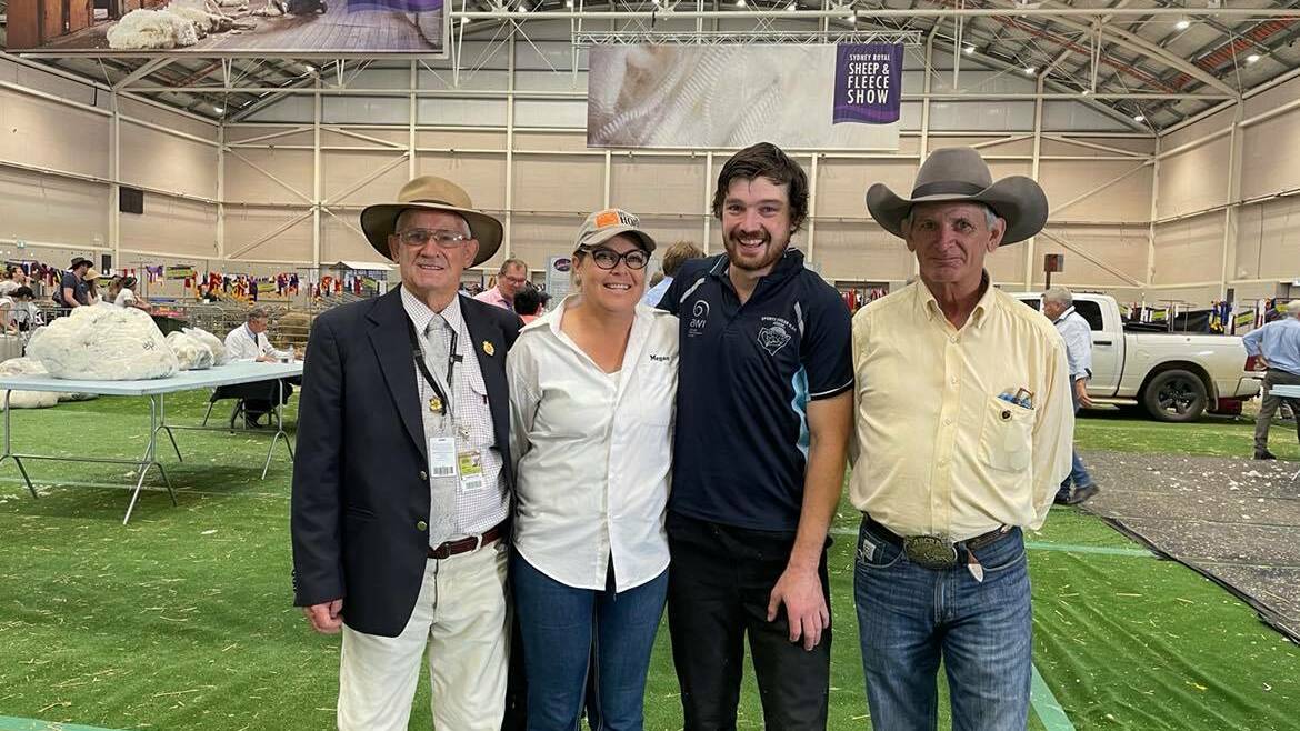 Regional transplant recipient, Ian McGaw, Grafton with Herd of Hope founder Megan McLoughlin, shearer and fundraiser Sam Picker, Bigga and fellow transplant recipient Steve Ernst, Scone at the launch of a Shearer's Gift at the Sydney Royal Show. 