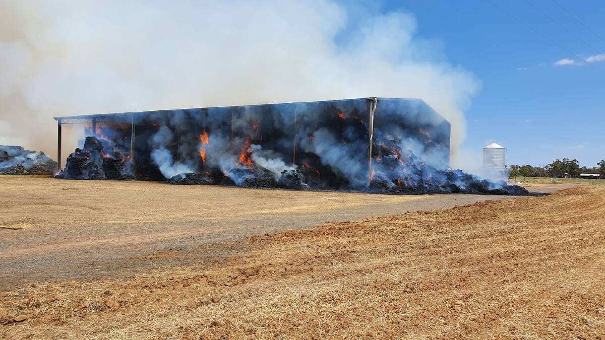 A hay shed fire in the Mid-Murray region which saw 3000 square bales destroyed. Photo: RFS Mid-Murray Zone 