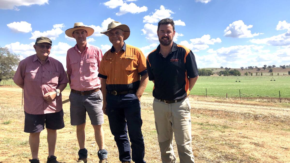 Gerald Menegazzo, Wauberrima, Galore, Bruce Armstong, Glenwood Park, Oura, Jason Menegazzo, Wauberrima, Galore and Tetaan Henning, Eco Water Management at an information day for Dragon Line held at Bruce Armstrong's Wagga Wagga property. 