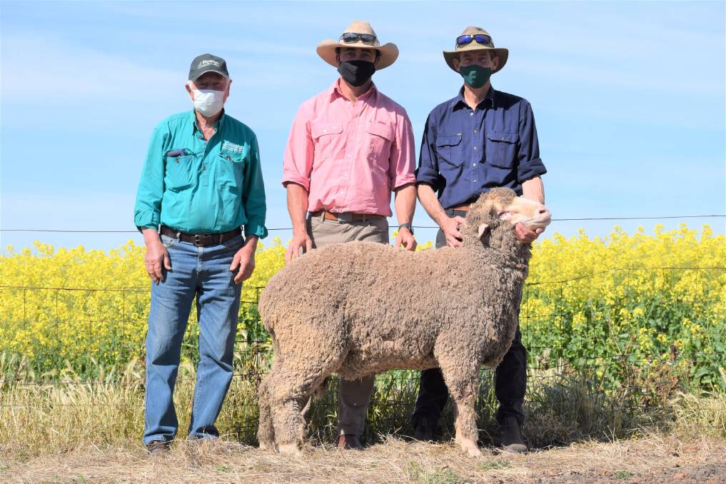 Rocklyn stud principal Ralph Diprose, auctioneer Aaron Seaman, Elders Young and purchaser Trevor Knight with the $6000 top priced ram. Photo: Supplied 