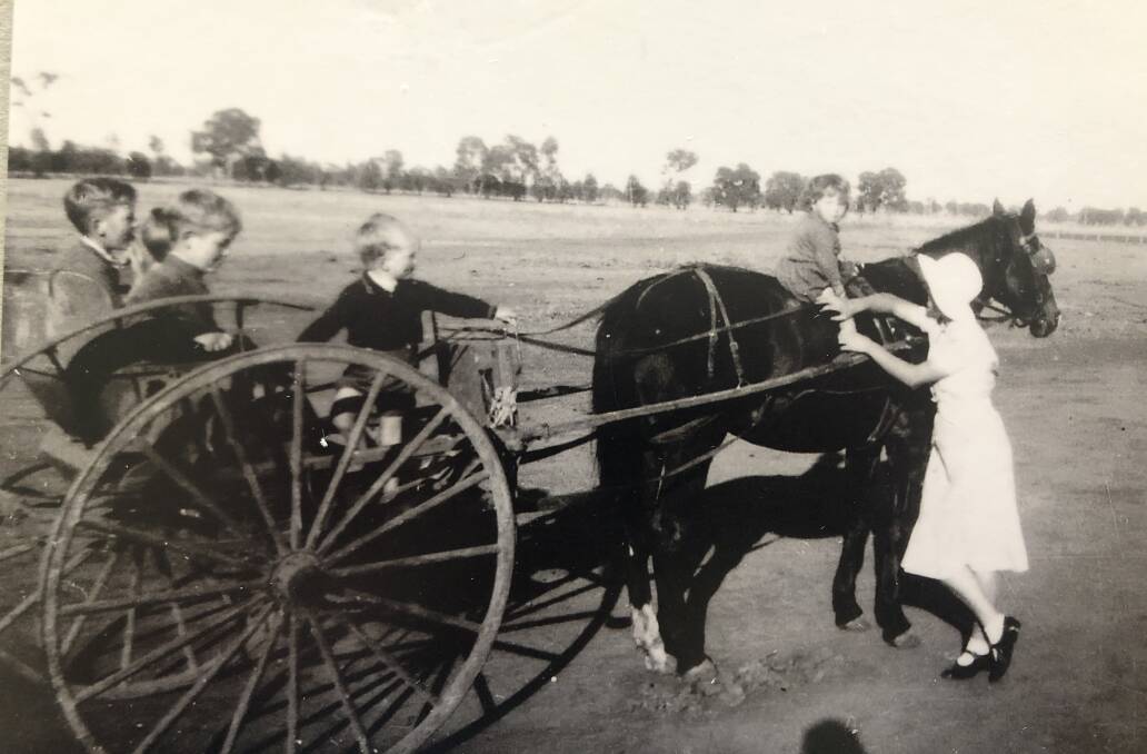 Arthur and some of his brothers and sisters, travelling to school by horse and carriage. Photo supplied. 