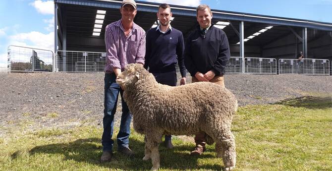 The top priced ram that sold to Gilmour Station, Lake Bathurst for $4000 with Aaron Granger, Rogara and livestock agents, Ben Stace, Australian Wool Network and Rick Power, Landmark. 