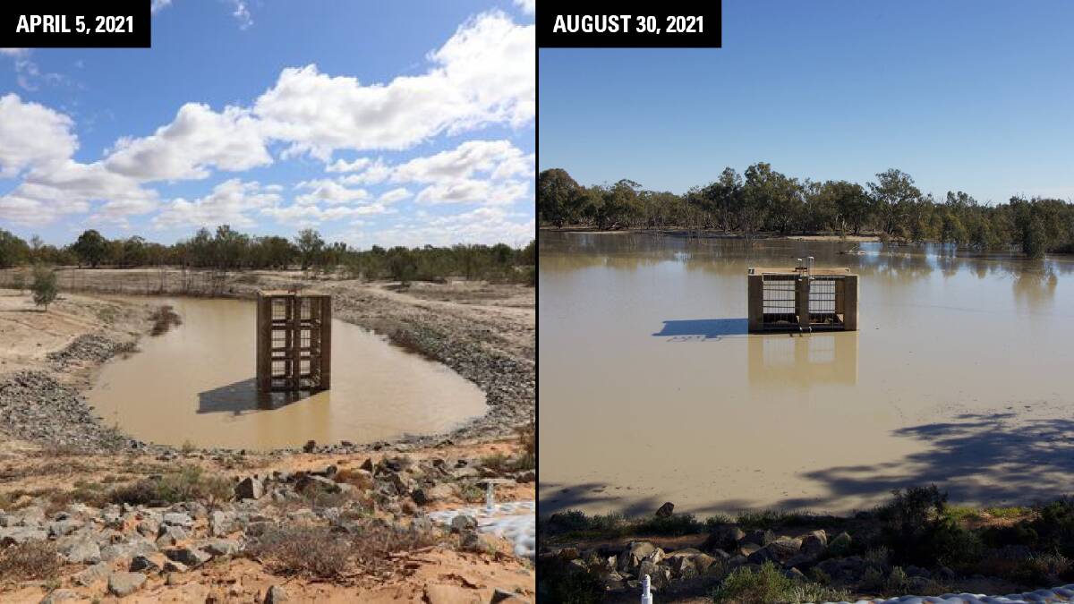 The difference four months can make. The Menindee Lake Outlet on April 5 and August 30 this year. The Menindee Lakes are expected to reach full capacity in the coming weeks. Photos: Michael Minns Photography Menindee