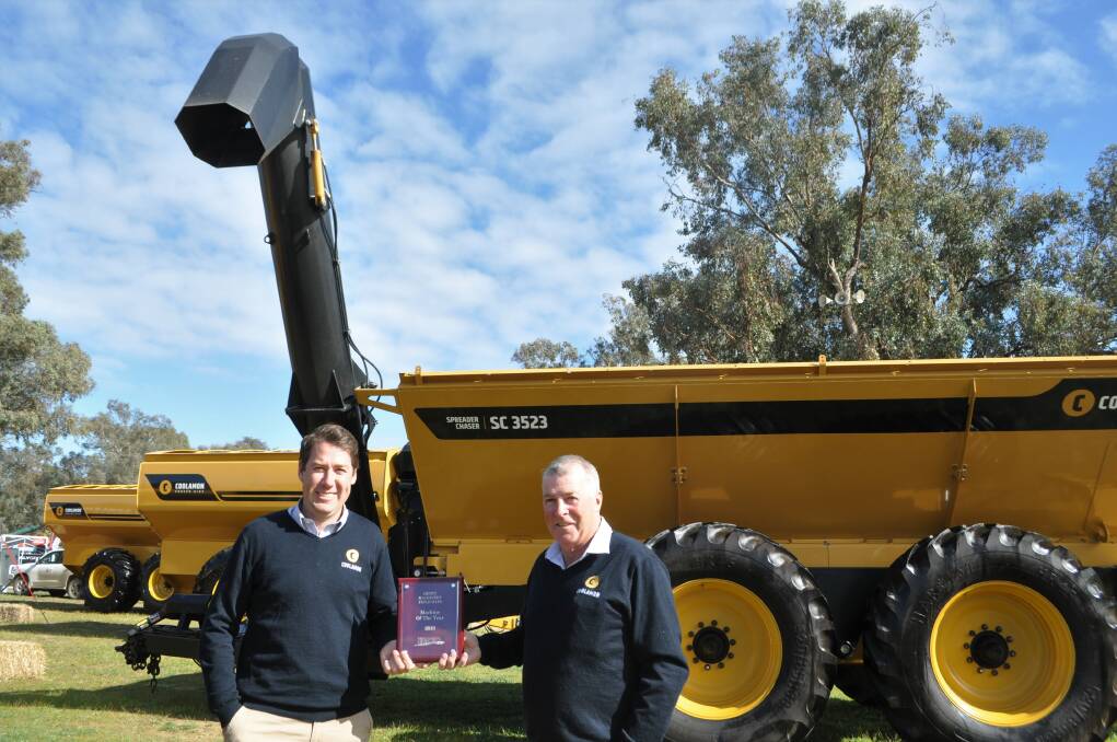 Heath and Bruce Hutcheon from Coolamon Chaser Bins win Henty Machine of the Year for their Spreader Chaser. 