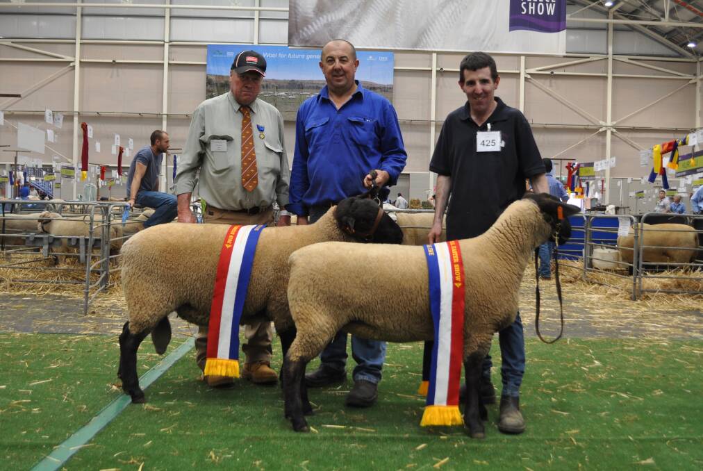 The grand champion Suffolk ram and ewe presented by Greg Good, Bowen Suffolk Stud, Millthorpe pictured with William Good and judge Josh Milton, Milton Park Suffolks, Allora, Queensland. 