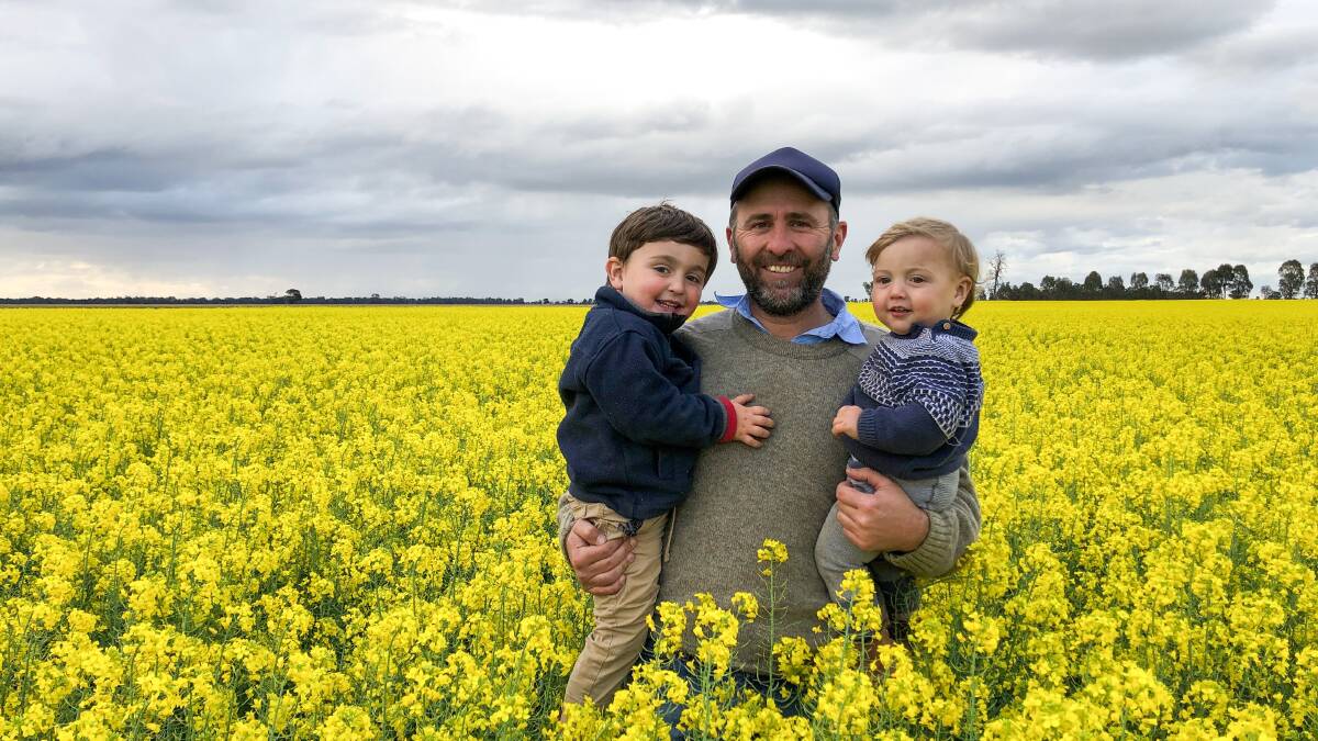 Former NSW DPI research agronomist, Rohan Brill was awarded the GRDC's 2020 Northern Region Emerging Leader Award, commended for his work on the Optimised Canola Profitability project. Pictured here with sons Jim, 3 and Harry, 1. Photo supplied. 