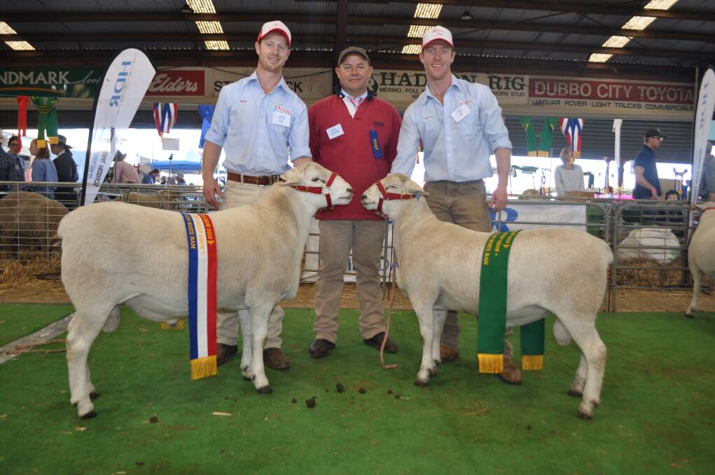 The champion and reserve champion rams from Tattykeel, Oberon with Ross Gilmore, Tattykeel, judge Jamie Ramm, Bobar stud, Braidwood and James Gilmore, Tattykeel. 