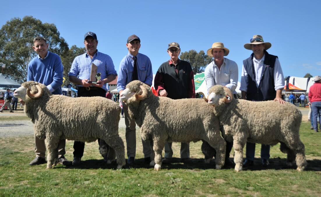 Wendouree Shield for Pen of three Merino Hogget Rams went to Yarrawonga. Pictured with Steve Phillips, Damian Meaburn and Sam Phillips, Yarrawonga, Jack Whitechurch, Wendouree, Ben Patrick, Yarrawonga and Rob Anderson, CJ Anderson and Co. 