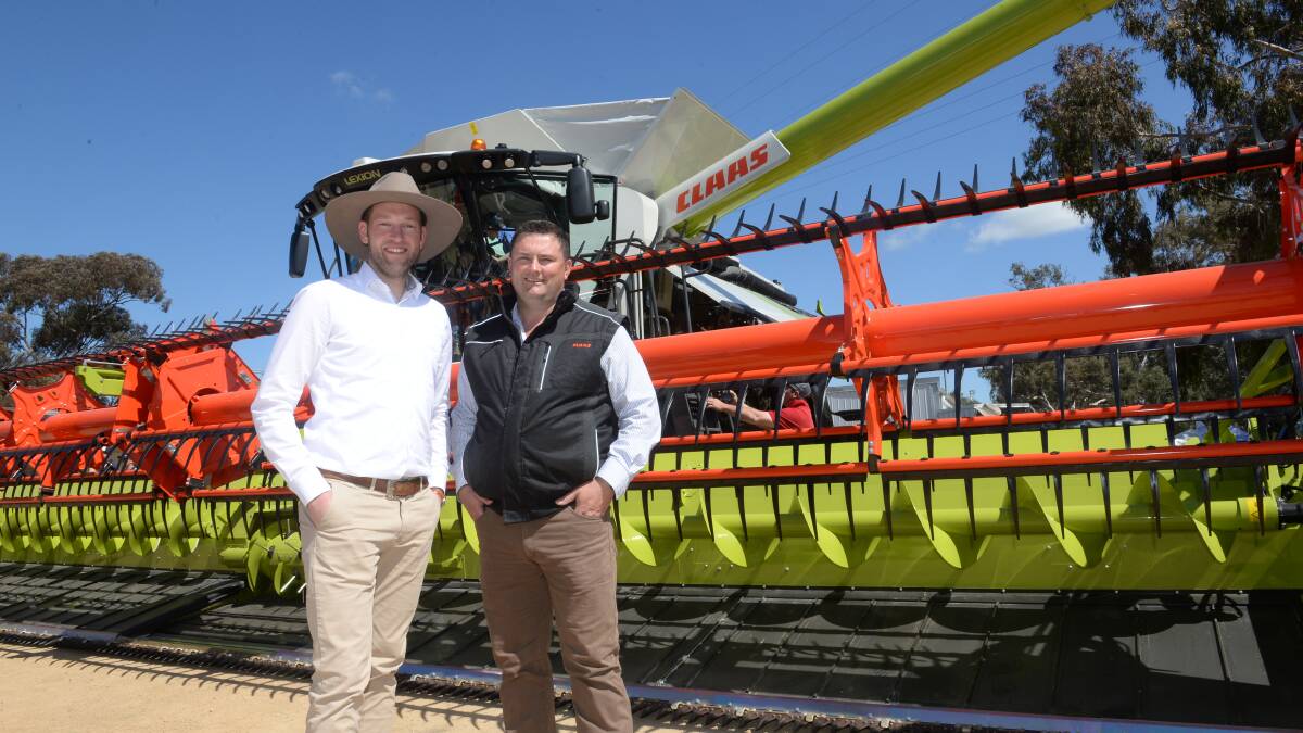 Claas Country Sales Manager Australia New Zealand, Julian Kollmeyer, Germany, and Claas Wagga Wagga Branch Manager, Andrew Kearns. Pictured during the Australian launch of the Claas Lexion 7000/8000 combine harvesters.