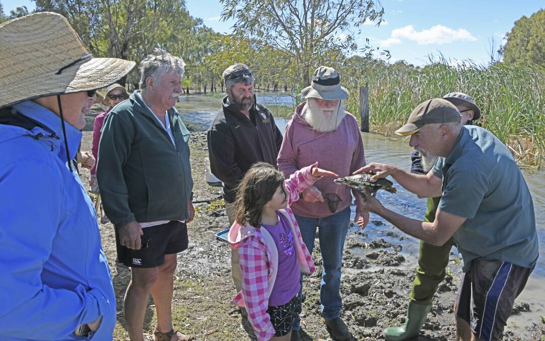 Landholders inspect a long-necked turtle from Booberoi Creek. Photo by Mal Carnegie, Lake Cowal Foundation.