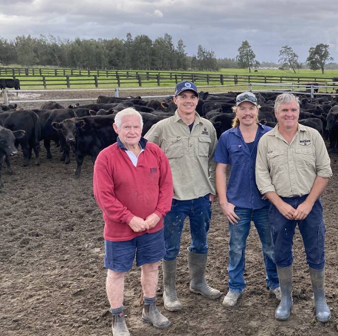 Bruce, Jack, James and Robert Mackenzie of Mackas Pastoral, Oakfield, Salt Ash with Bowe and Lidbury agent Rodney McDonald. Mackas Pastoral were the volume vendor of the sale with 425 unweaned Angus cattle listed. Photo supplied. 