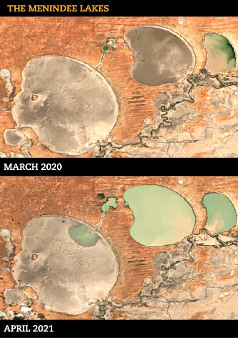 The Menindee Lakes in March 2020 and April 2021. Satellite images: Google Earth Engine, Landsat and Sentinel-2