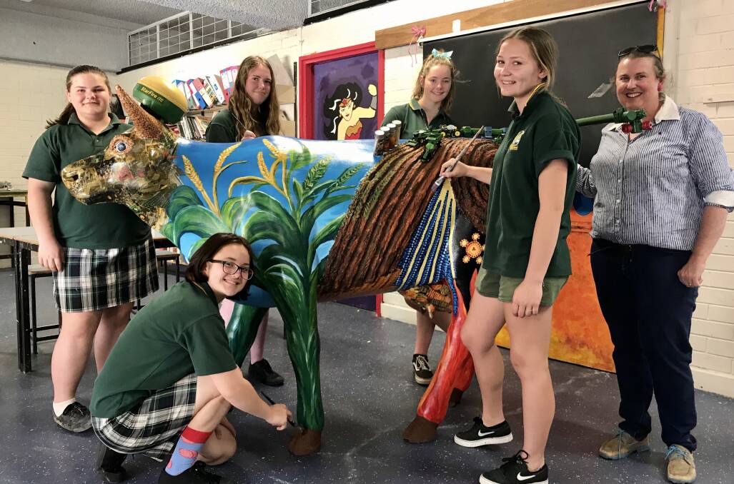 The Wee Waa High School's Archibull. Pictured with students Caitlyn Coutts Smith, Emily Wong, Emma Holmes, Bryony Allen and Ally Stanfield and their teacher, Verity Gett. Photo supplied.