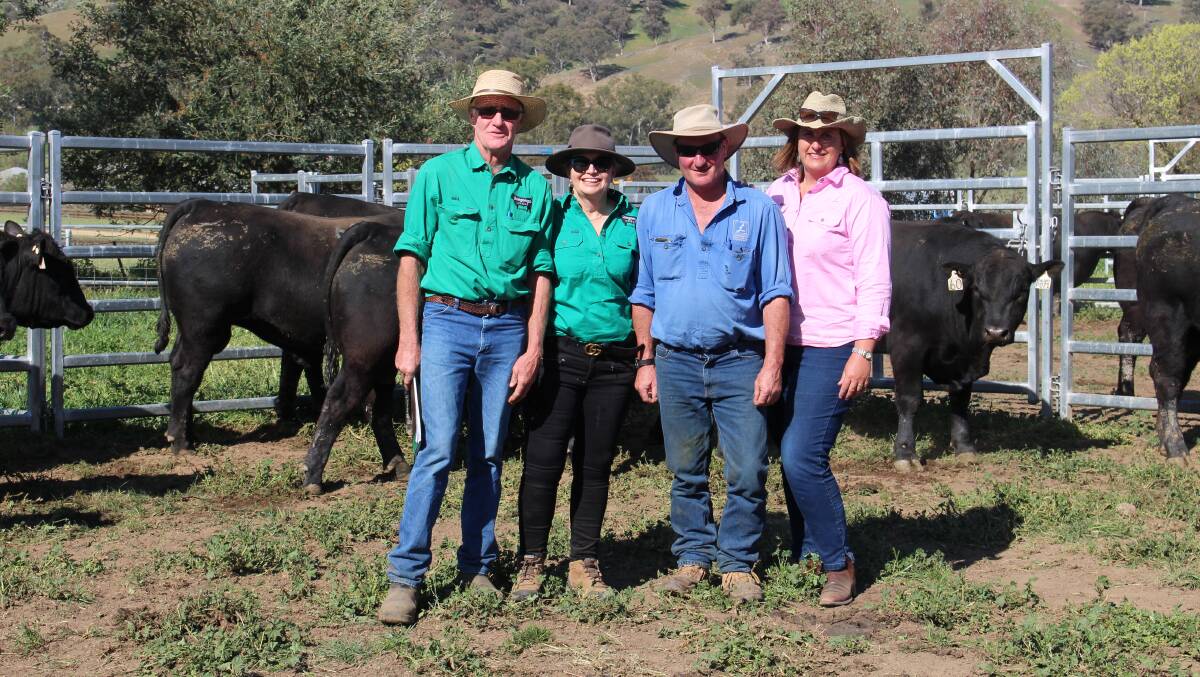 Bongongo stud principals, Bill and Shauna Graham with purchasers Chris and Tracey Longley of Longaroo Pastoral Company, Yass. Photo: Supplied
