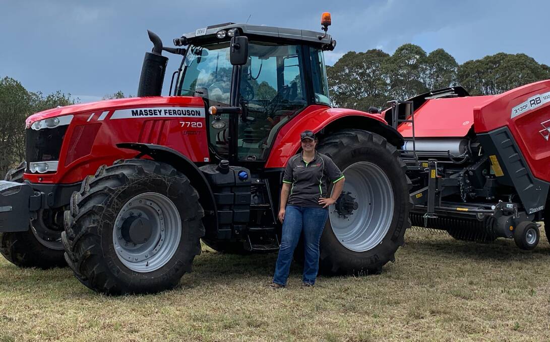 Morgan Durrant-Curtis with Australia's first Massey Ferguson baler. Morgan is a raker for her Dad's contracting business. 