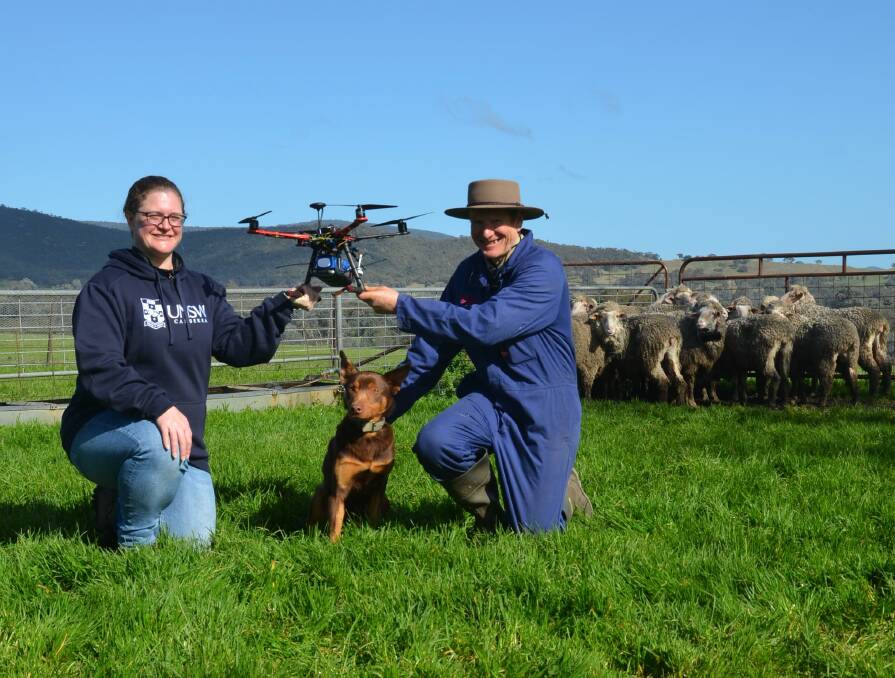 Squadron Leader Kate Yaxley, a visiting fellow of UNSW Canberra, with Charles Sturt University professor Bruce Allworth, Kelpie Sarge and the Sky Shepherd drone. Photo: Olivia Calver