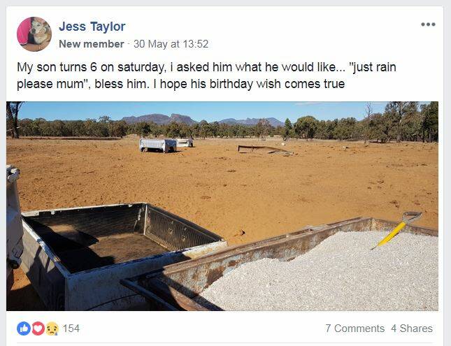 Mother, Jess Taylor's post on the 'One Day Closer to Rain (Drought)' Facebook page.