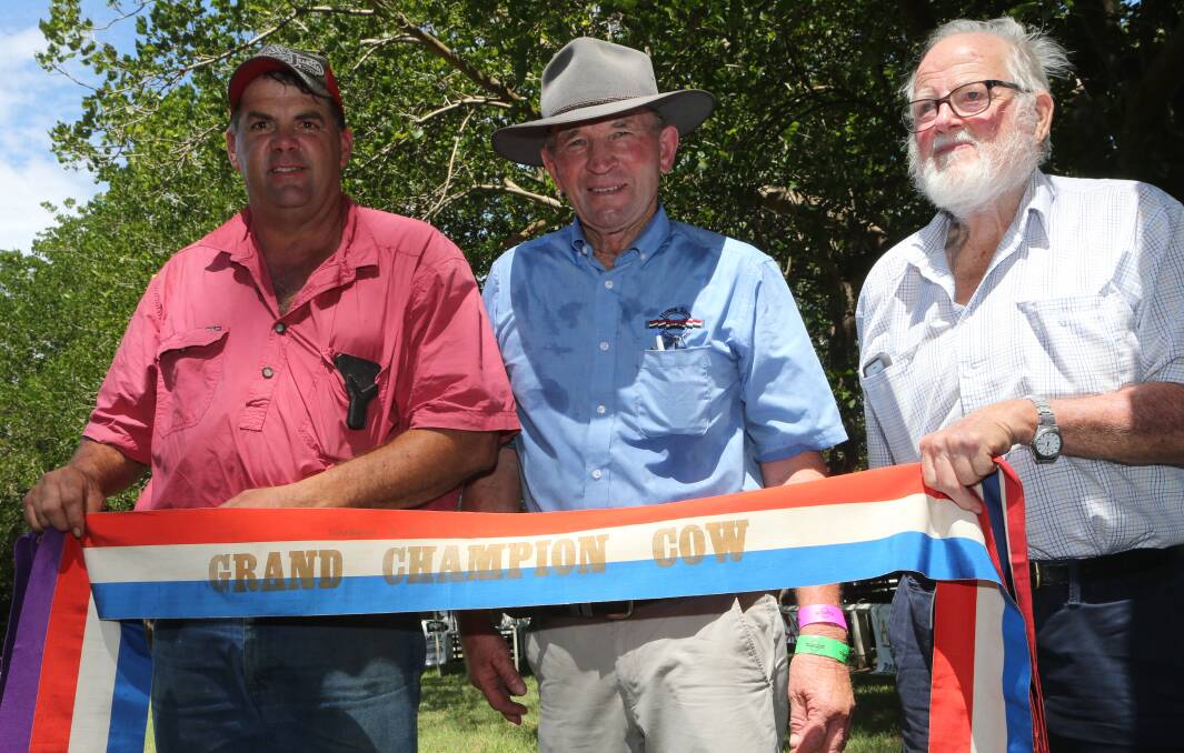HISTORIC RIBBON: Bob (left) and Geoff Herne (right) show off the 1919 Grand Champion Cow ribbon from the 1919 Nowra Victory Show, with current chief cattle steward Alan Garratty.