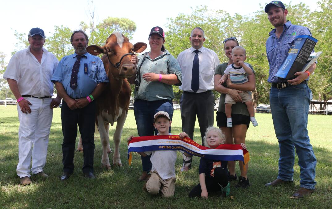 The Crawford family proudly show off the 2019 Nowra Show supreme champion cow Exkwizit Active Barbell (from left) Darren Crawford, judge Brett Hayter, Abbey Crawford, judge Craig Cochrane, Chloe Edlin nursing Parker, Harry and Bella Crawford with Tim Moorley-Sattler, from AgriWest CRT.