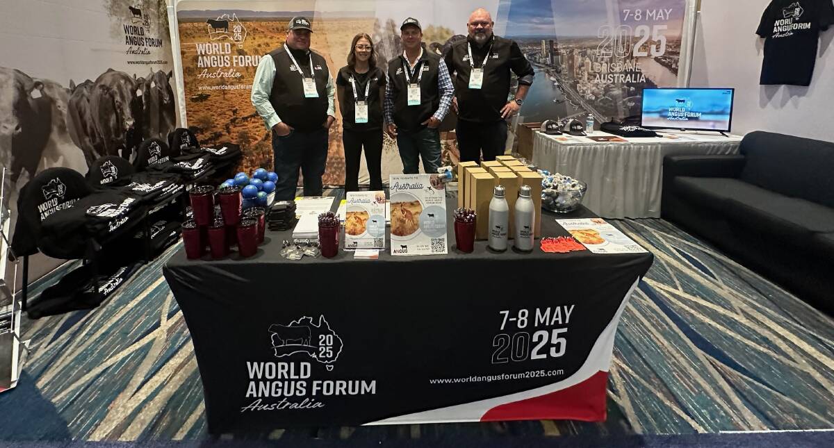 Angus Australia's Ben Hill, Nicky Wallace, Brett Wallace and Scott Wright promoting the World Angus Forum 2025 at the American Angus Association convention in Orlando, Florida, US, last November. Picture supplied